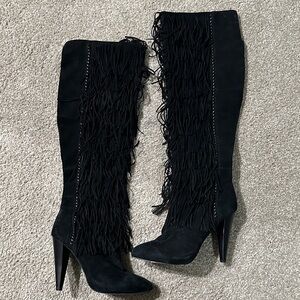 Steve Madden Black Fringe Heeled Boots